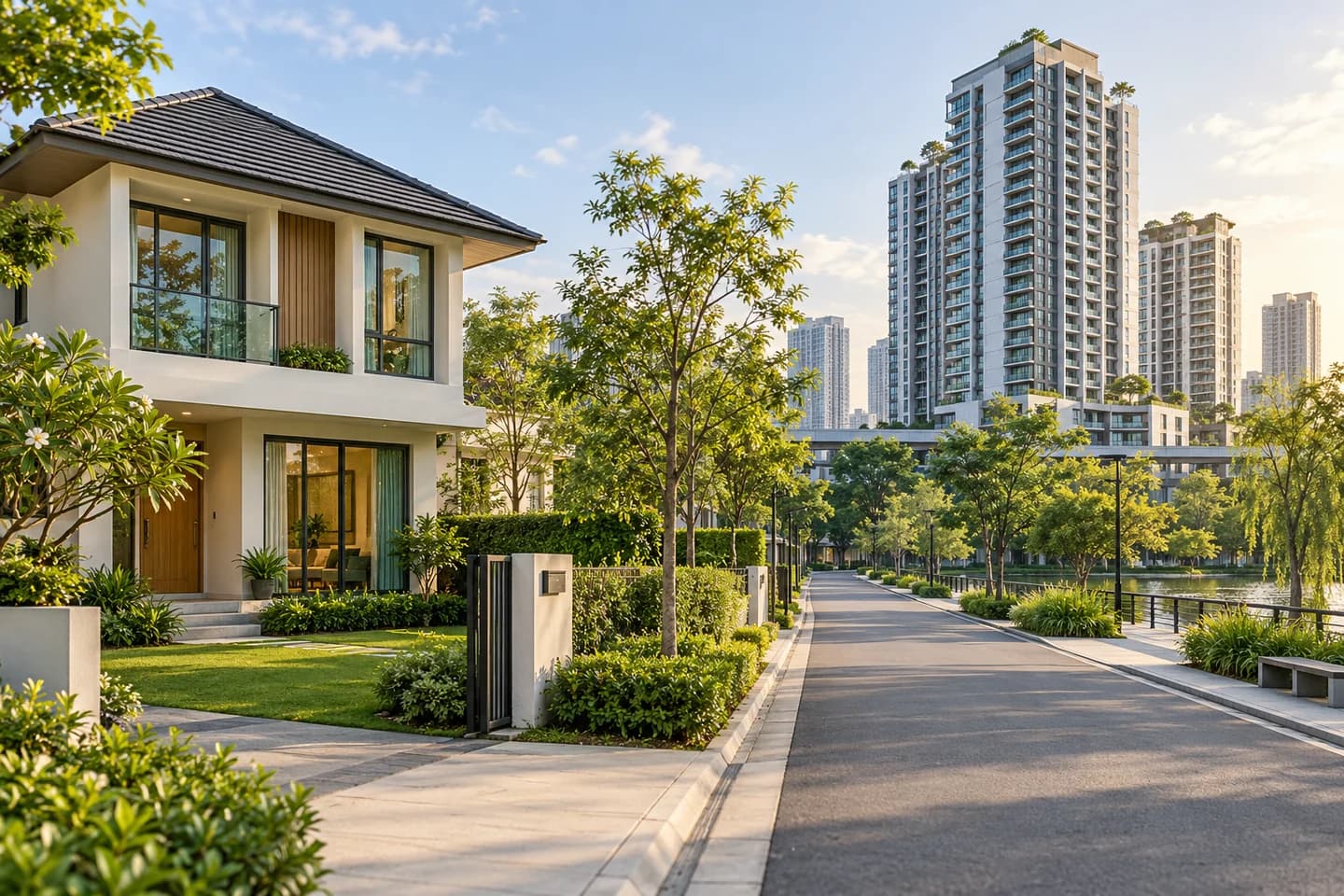 ภาพประกอบ AI ของบ้านพร้อมสวนและอาคารคอนโดในบริบทชุมชนเมืองสมมติ